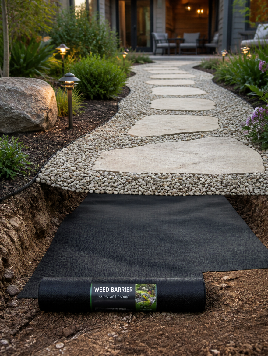 Landscape fabric along stone pathway