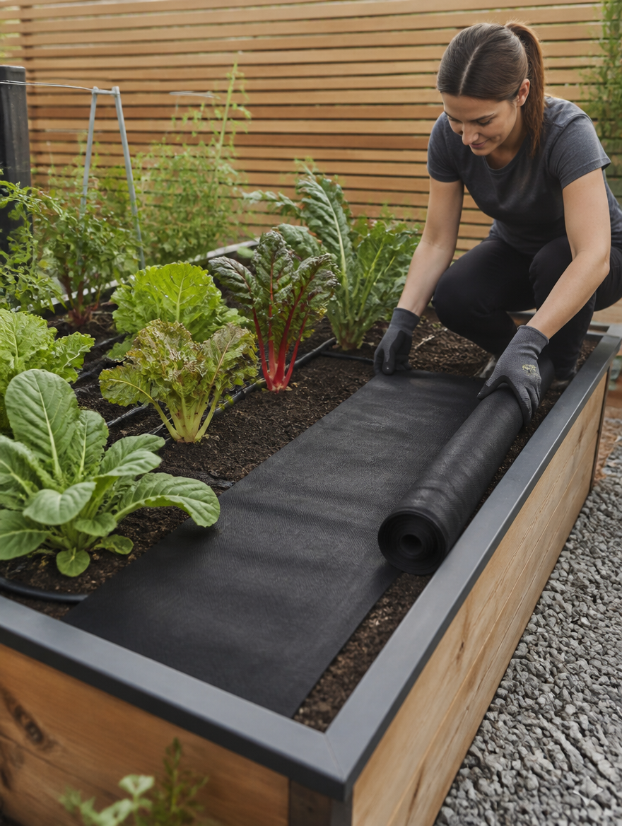 Weed barrier fabric in raised garden bed