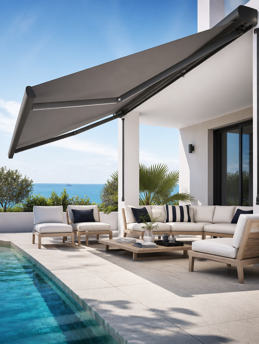 Retractable awning shading poolside lounge area