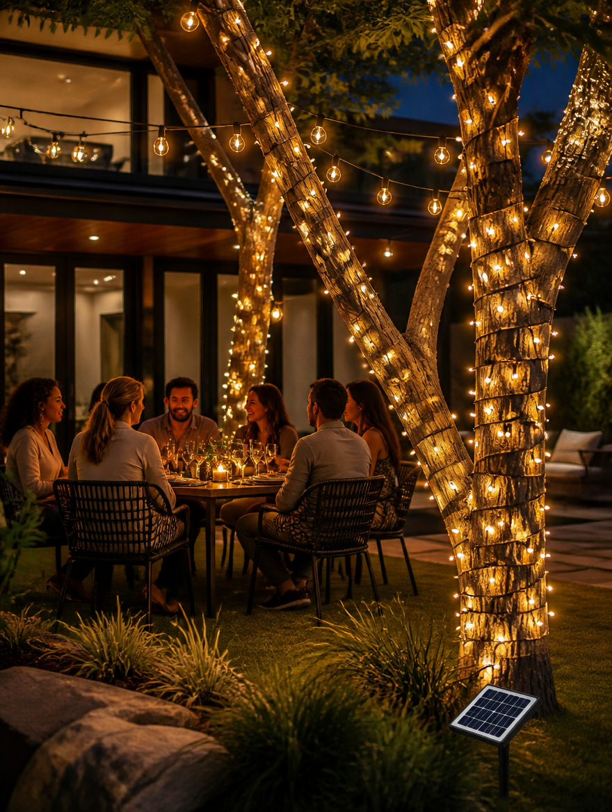 Shatterproof solar string lights hanging in backyard trees