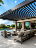 Motorized aluminum louvered pergola over luxury villa patio with pool