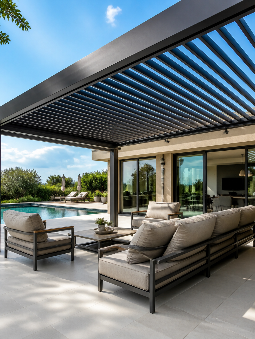 Motorized aluminum louvered pergola over luxury villa patio with pool
