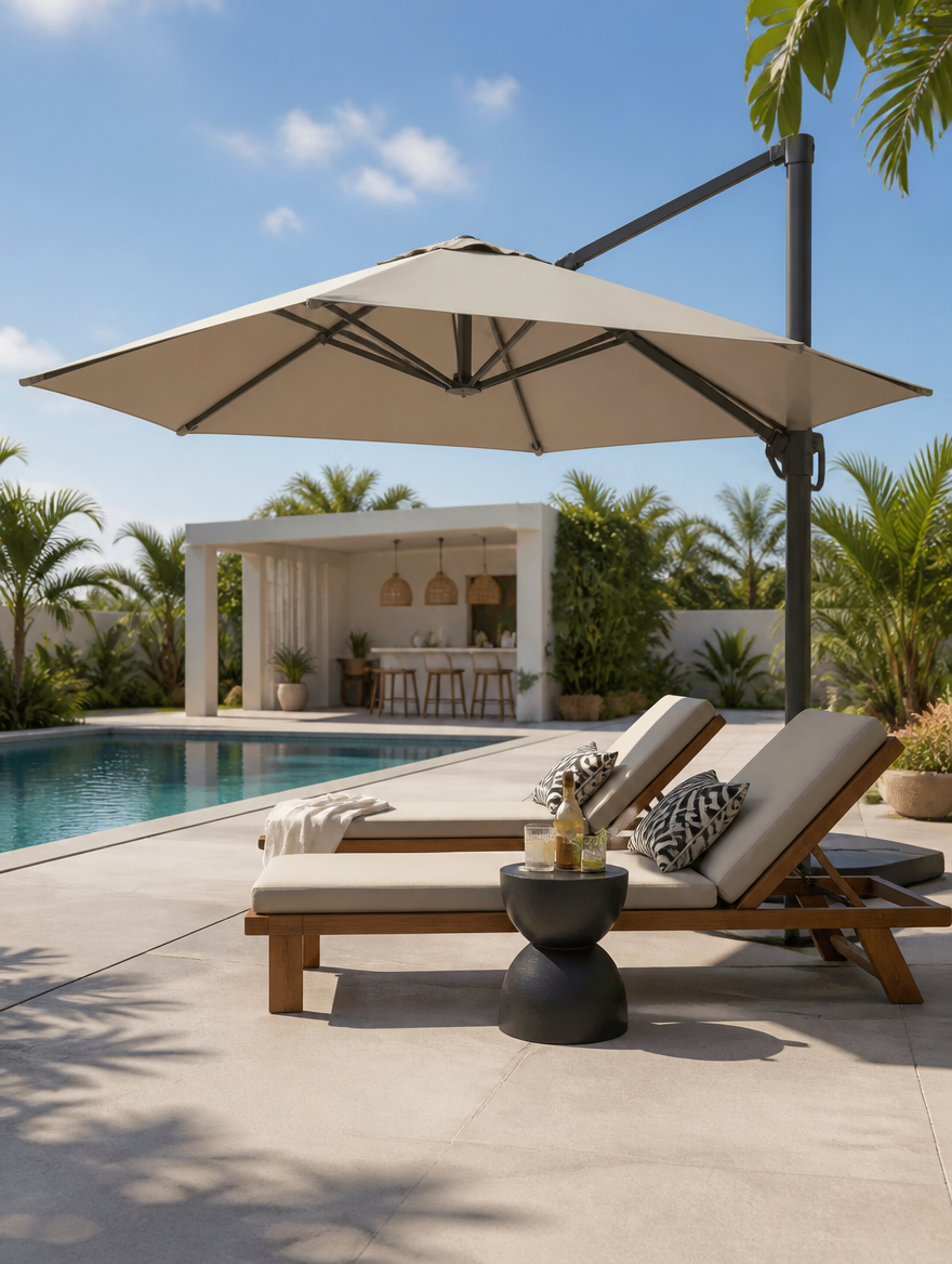 Hanging cantilever umbrella shading poolside lounge area