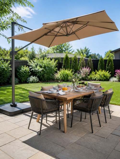 10ft cantilever patio umbrella shading outdoor dining table