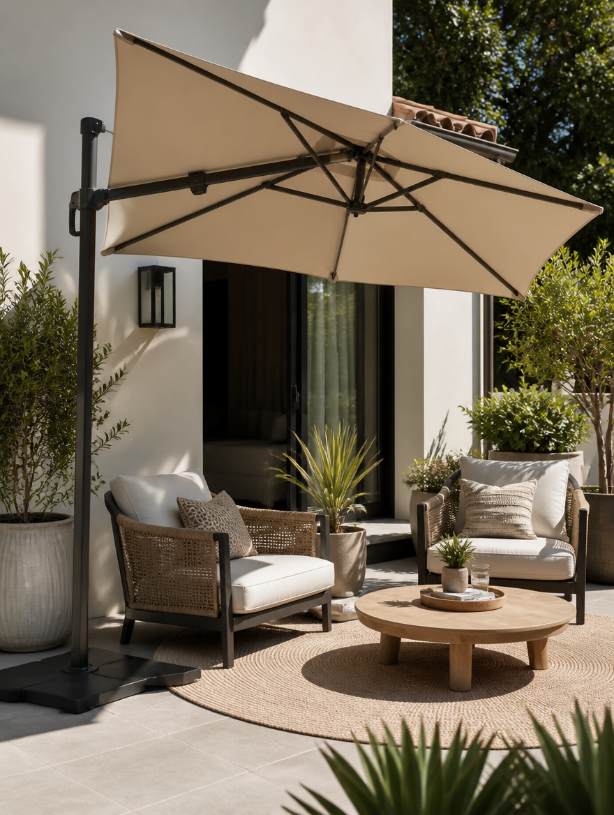 Offset cantilever umbrella over patio reading nook