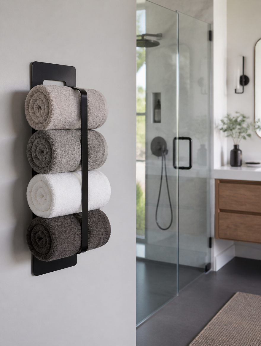 Sleek wall-mounted towel rack in contemporary bathroom