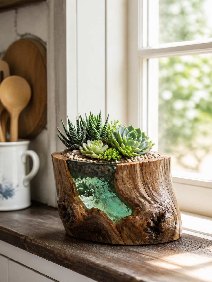 Tree stump resin planter with succulents on kitchen windowsill