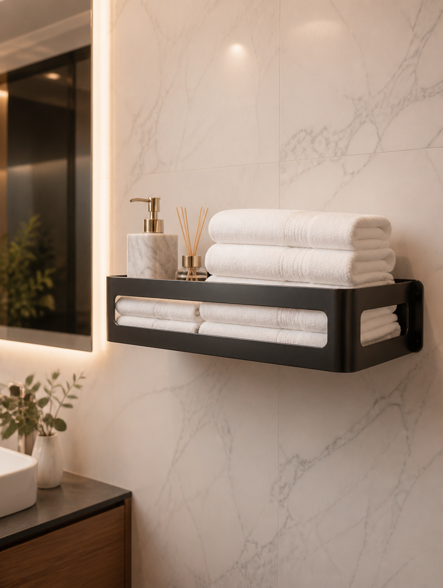 Wall-mounted bathroom storage rack with folded towels in spa-style bathroom