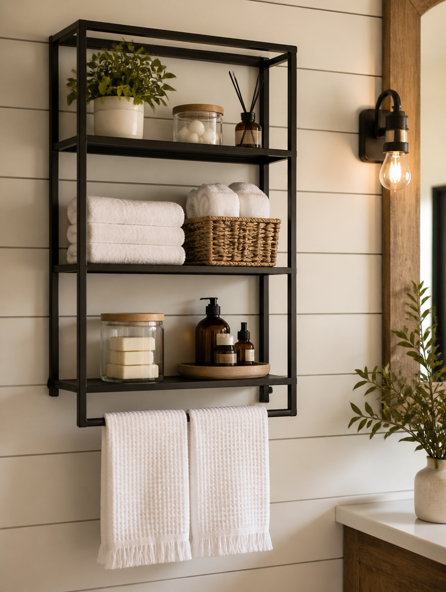 Wall storage rack with towels in modern farmhouse bathroom