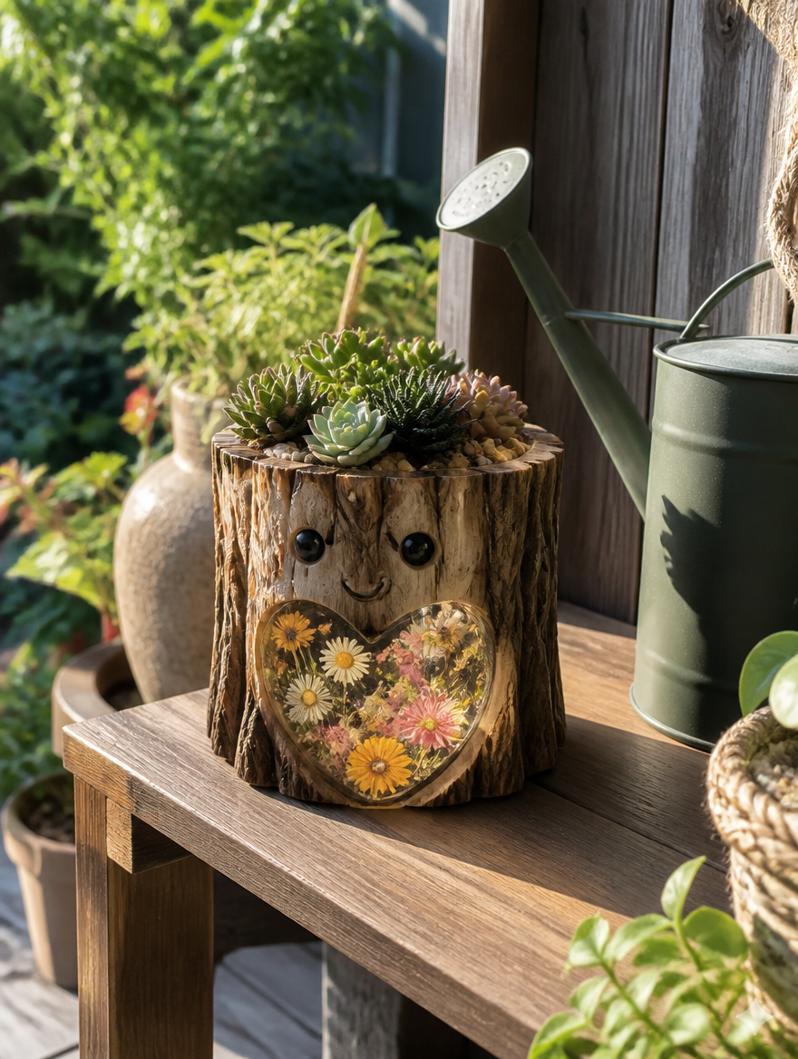 Whimsical tree stump succulent planter on sunlit porch shelf