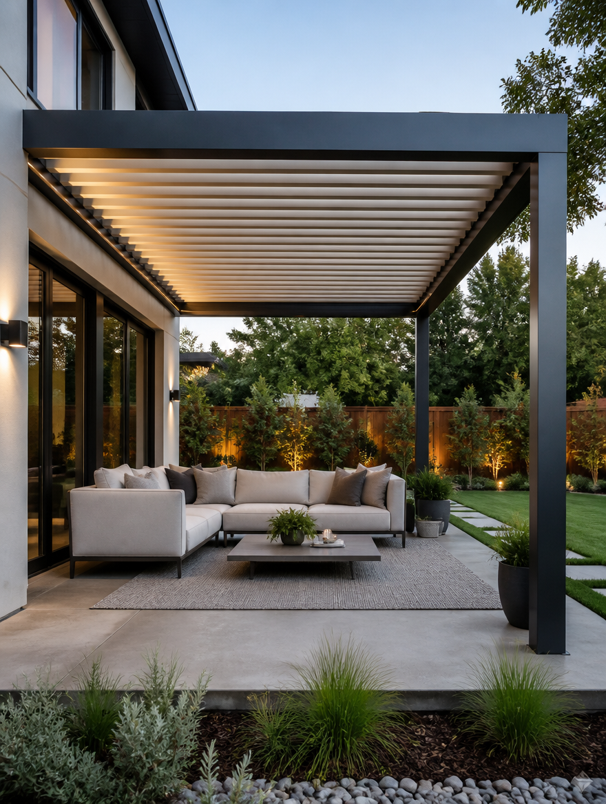 Contemporary louvered pergola over cozy outdoor lounge area
