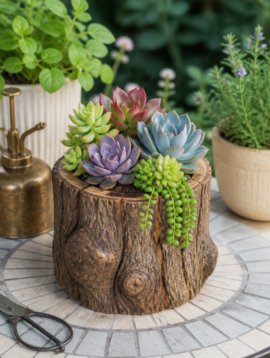 Decorative tree stump planter on outdoor garden table