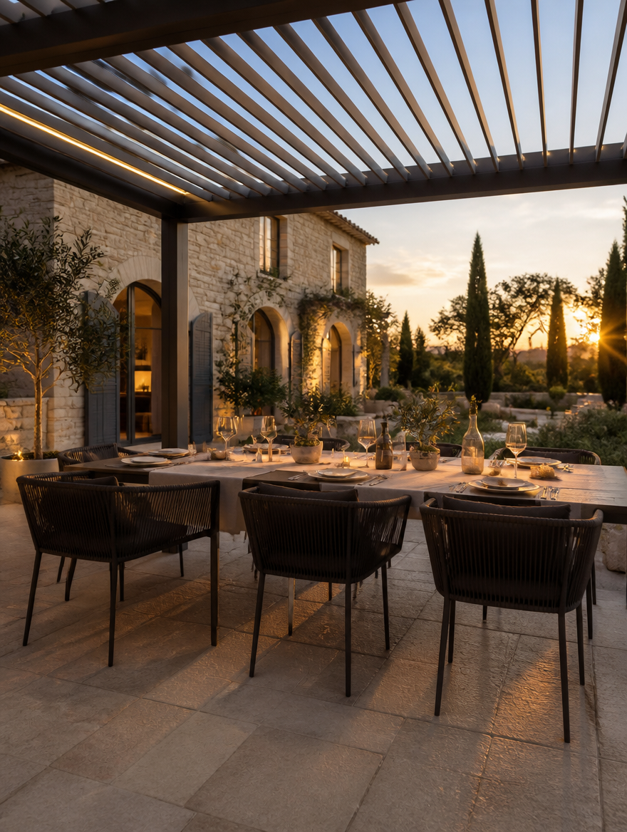 Aluminum pergola with adjustable louvers shading elegant outdoor dining