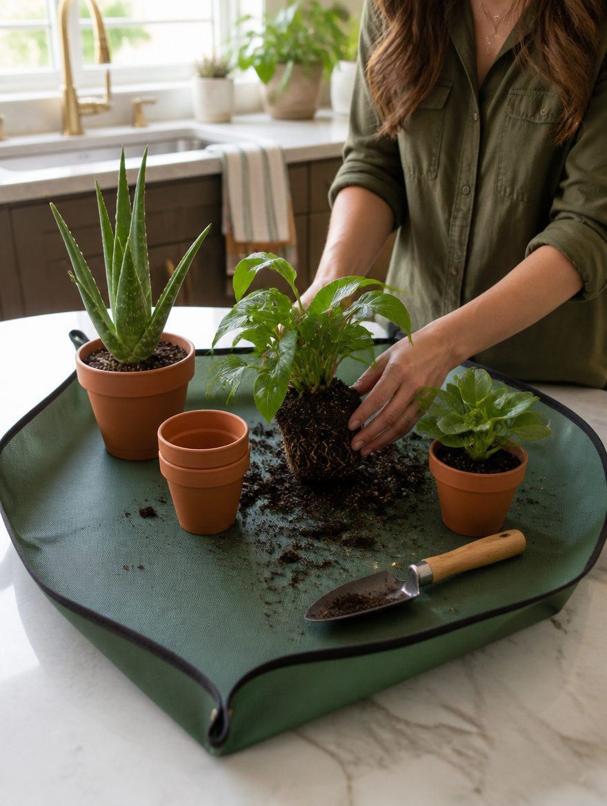 Plant repotting mat on kitchen counter with indoor plants