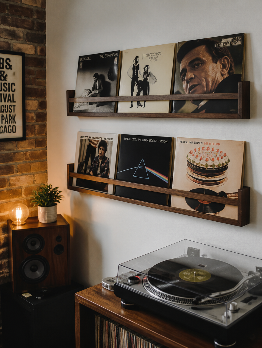 Wall-mounted record holders displaying albums in cozy music room