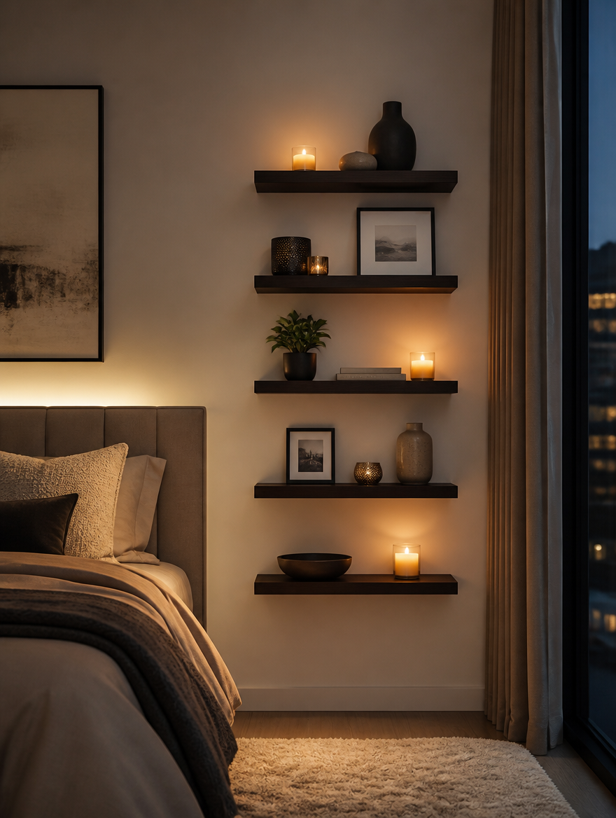 5-tier floating wall shelf with candles and art in bedroom