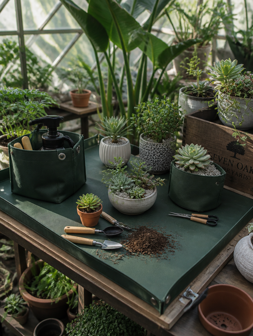Gardening work mat on greenhouse bench with potted plants
