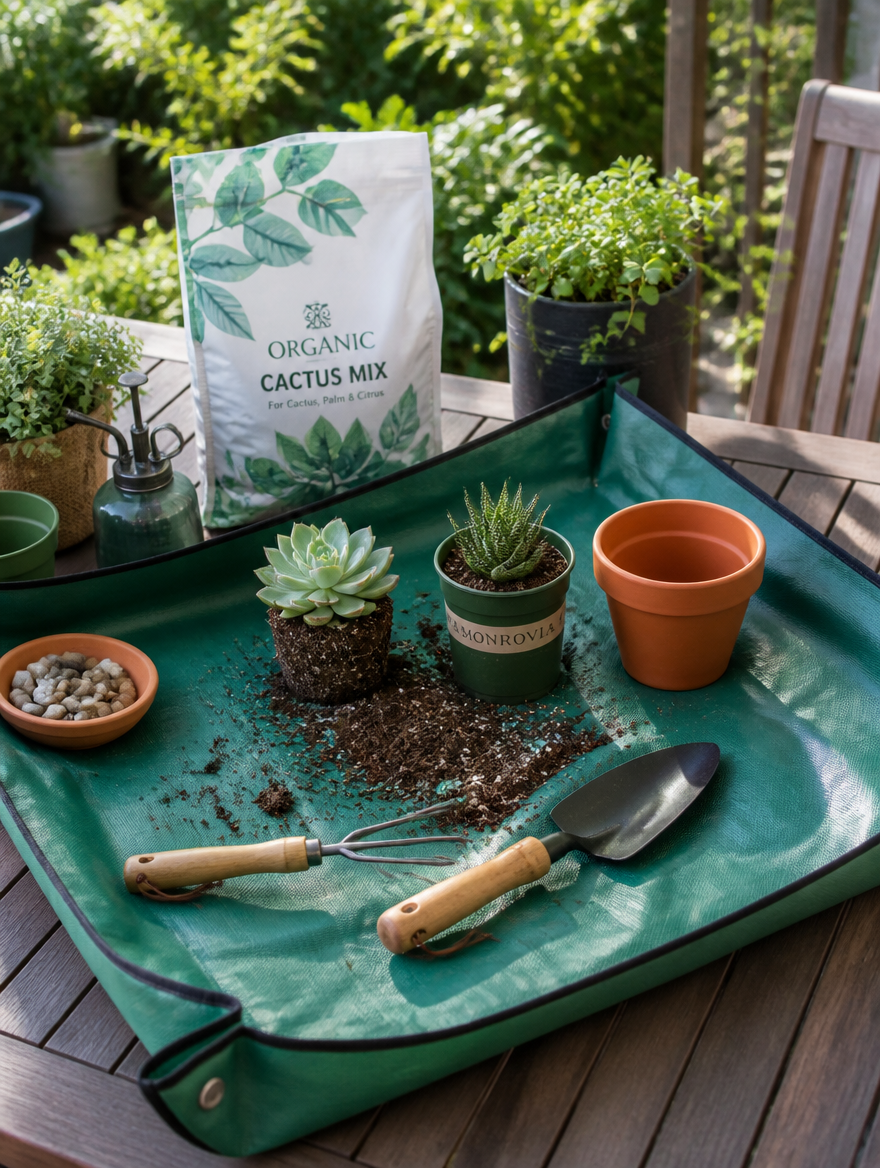 Gardening repotting mat on patio table with succulents and tools