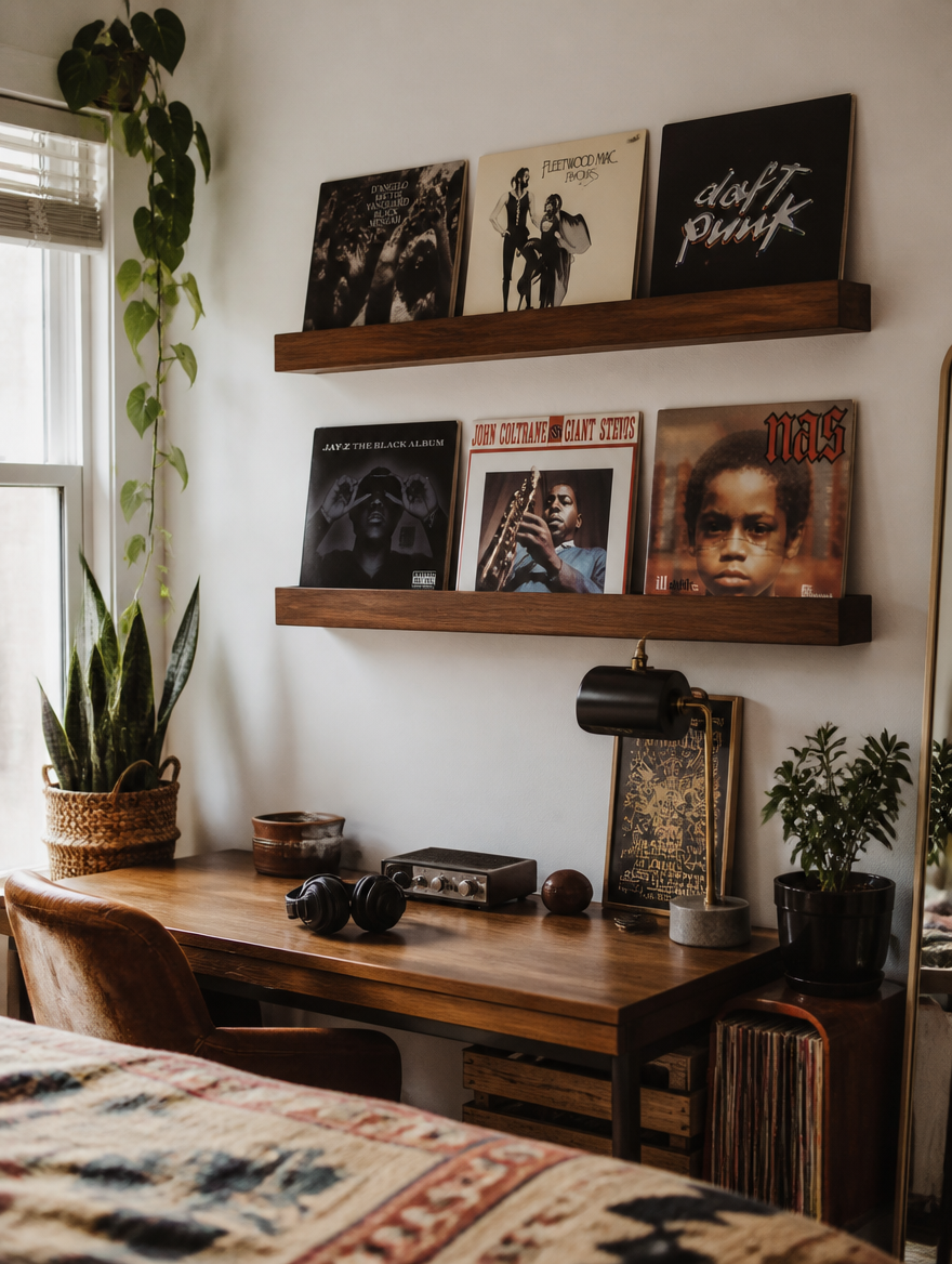Record shelf holders on bedroom wall above desk