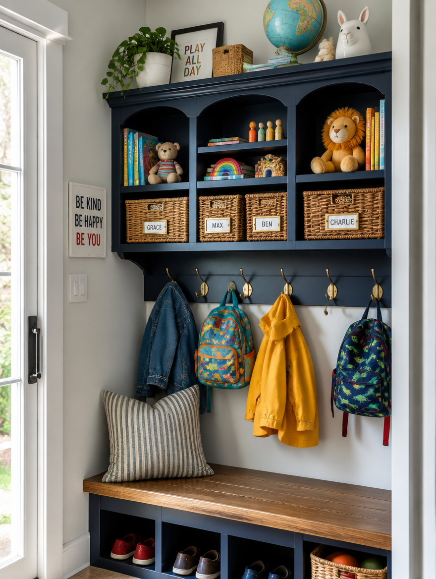 Kids cubby organizer with toys and books in colorful mudroom