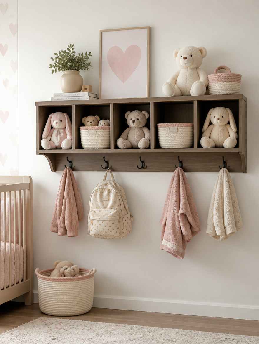 Wall-mounted cubby storage in modern nursery room