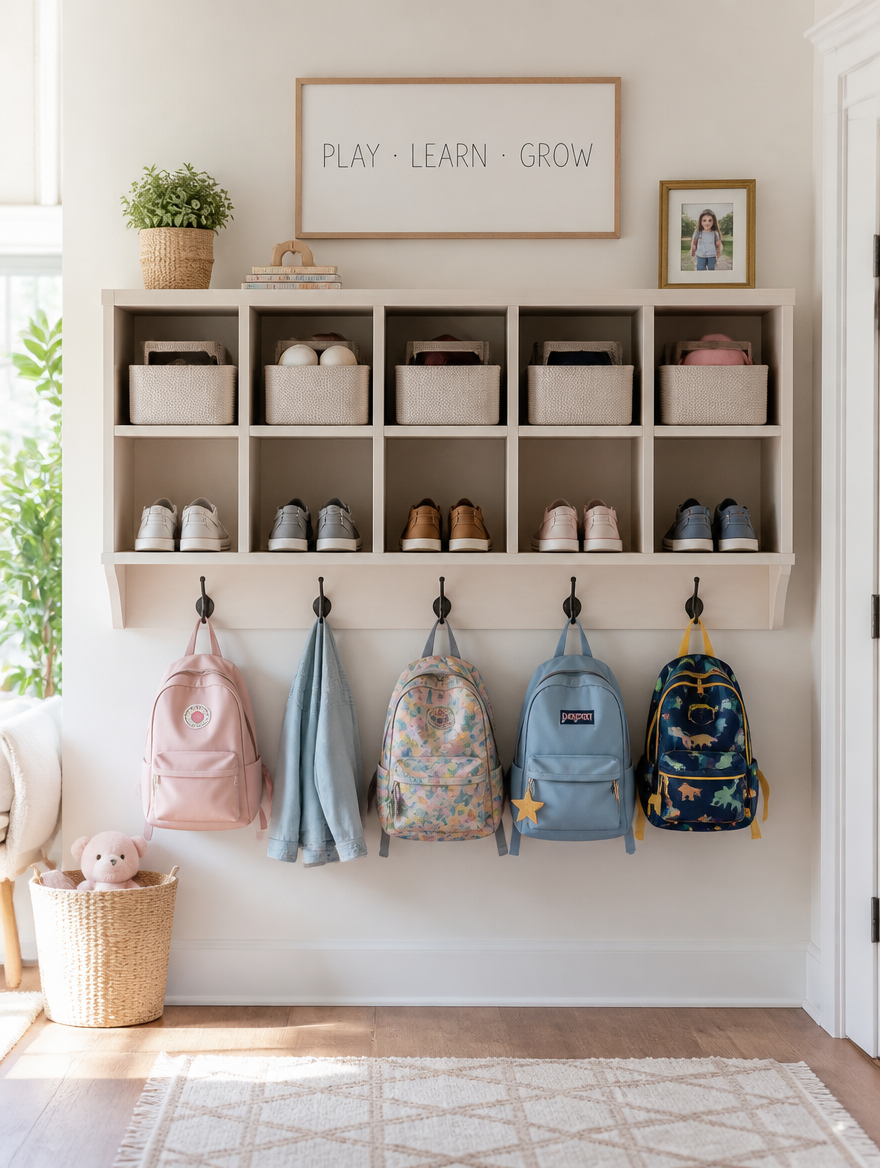 Kids wall-mount cubby organizer in bright playroom entryway
