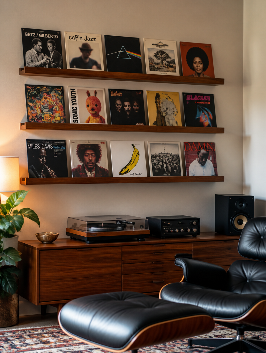 Wooden vinyl record display shelves in stylish living room