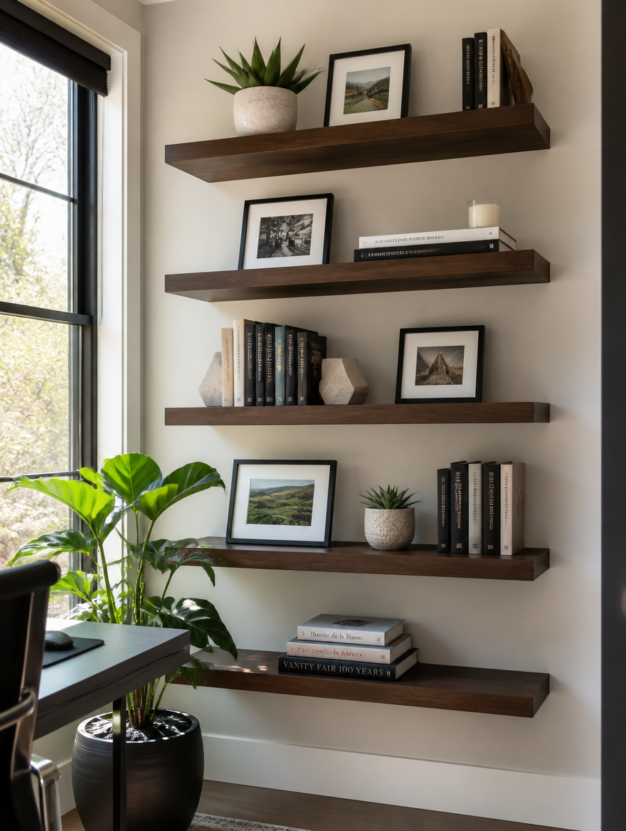 Modern floating shelf unit in home office with photos and succulent