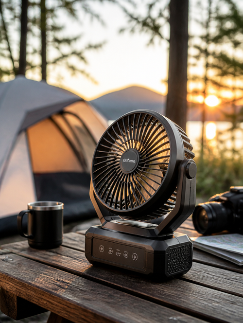 Portable rechargeable camping fan on picnic table at campsite