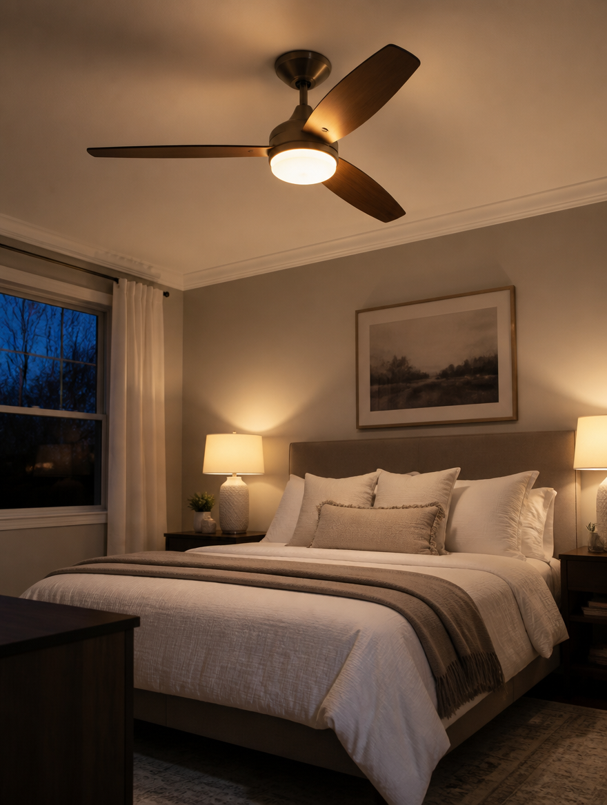 LED ceiling fan with warm light in stylish bedroom