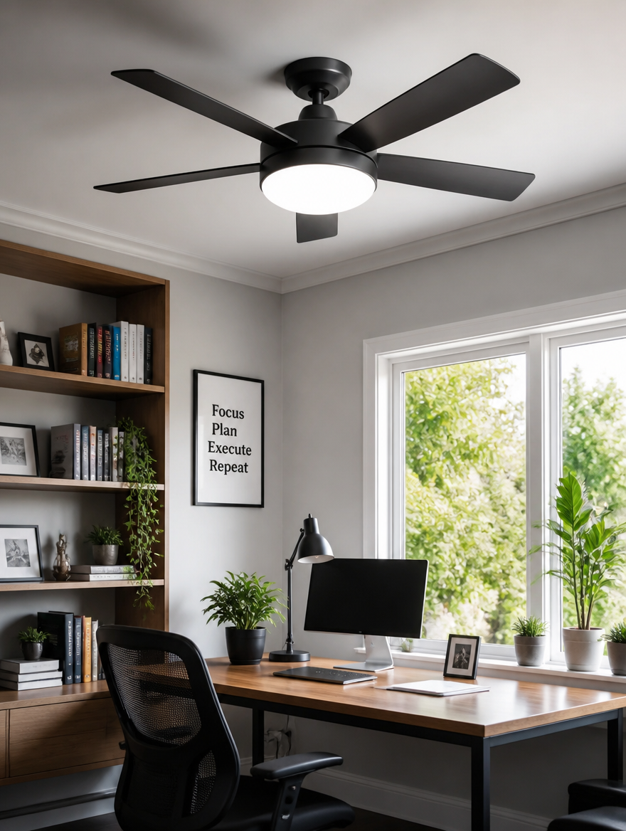 Ceiling fan with LED panel in sunlit home office