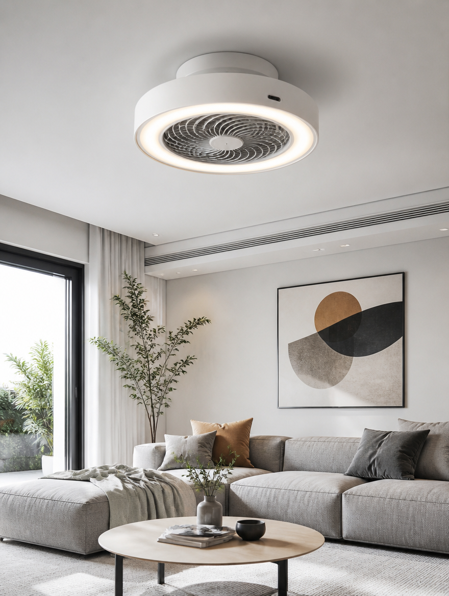 Enclosed bladeless ceiling fan with LED in minimalist living room