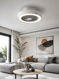 Enclosed bladeless ceiling fan with LED in minimalist living room