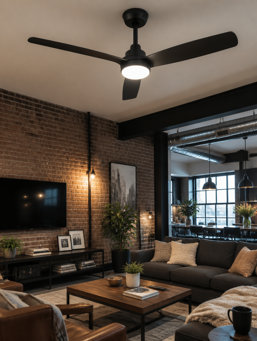 55W ceiling fan with LED in spacious modern loft