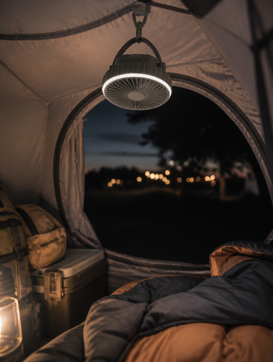 Rechargeable portable fan hanging inside camping tent
