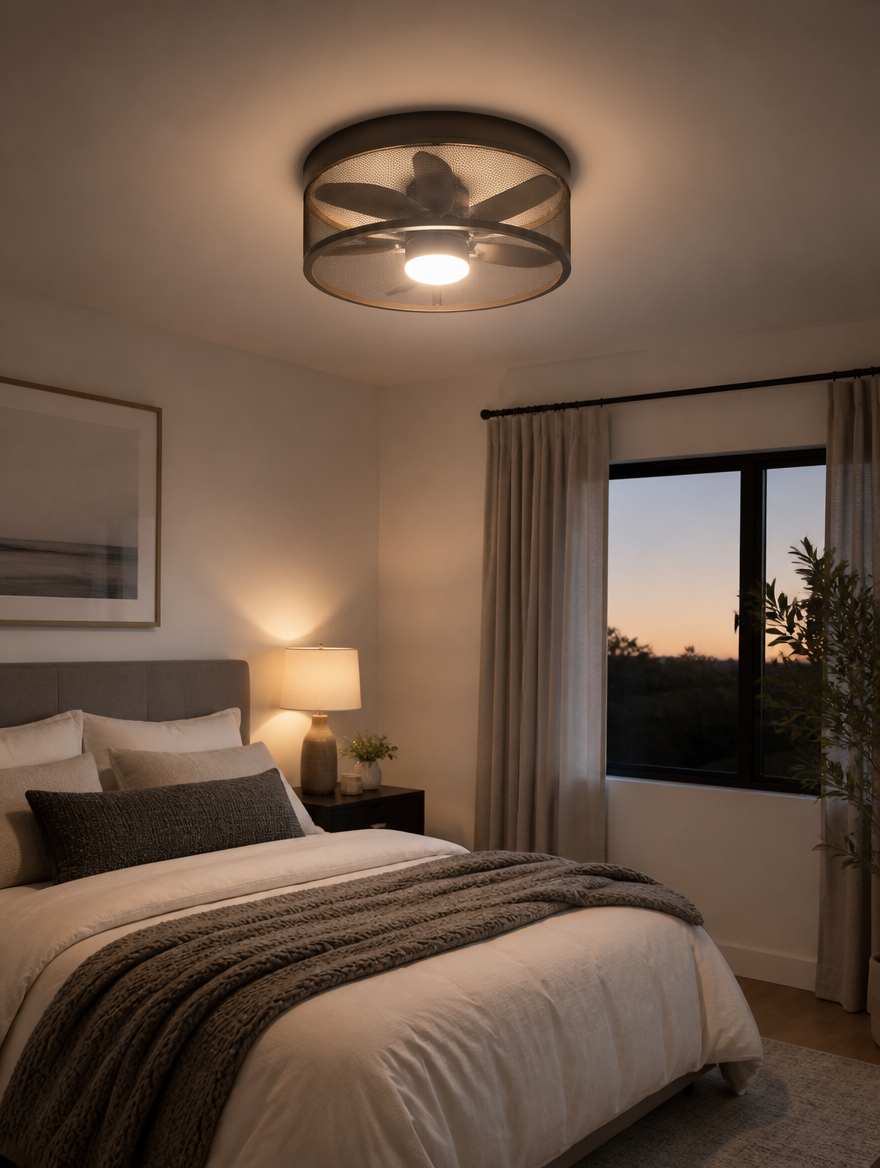 Flush-mount enclosed ceiling fan in modern bedroom