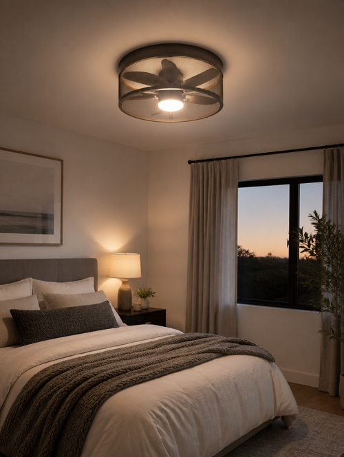 Flush-mount enclosed ceiling fan in modern bedroom
