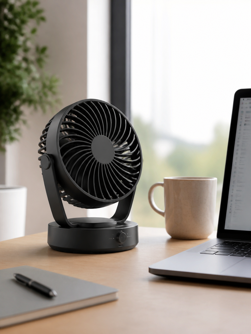 Compact desktop portable fan on work desk in home office