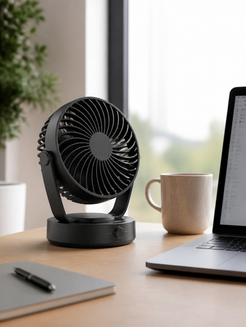 Compact desktop portable fan on work desk in home office