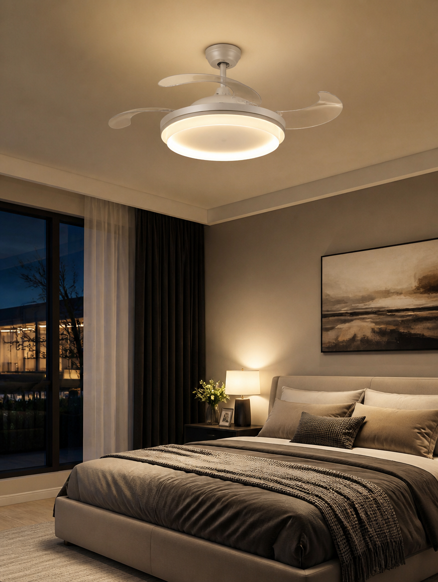 WESTMERE AeroDrone Ceiling Fan Light illuminating bedroom