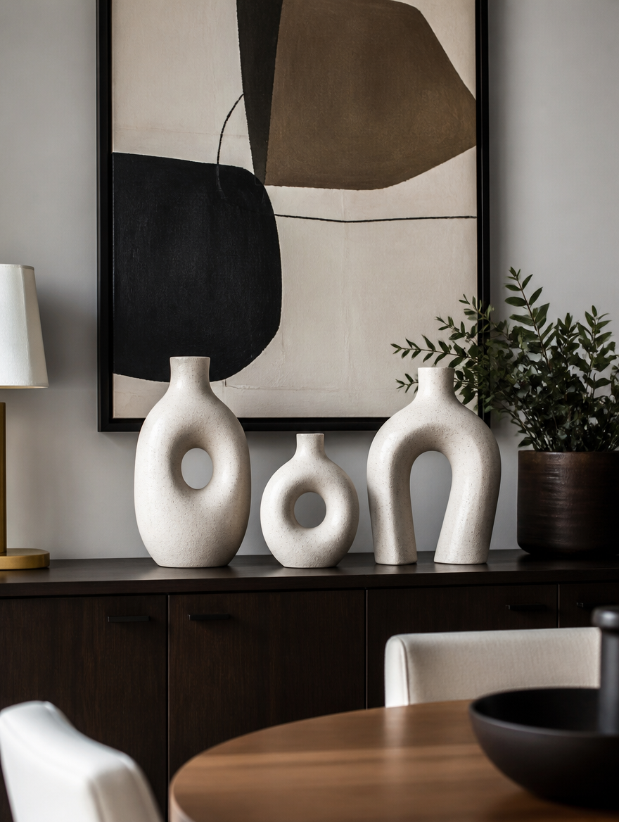 WESTMERE SculptForm Matte Vase Set on sideboard