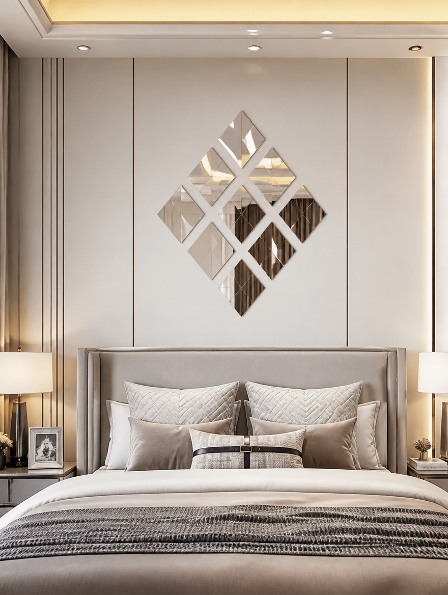 WESTMERE GeoMirror Rhombus Wall Set in bedroom