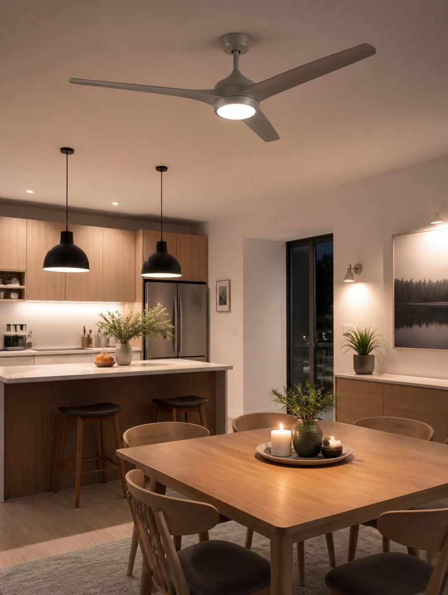 WESTMERE CleanAir Modern Ceiling Fan in open kitchen dining area