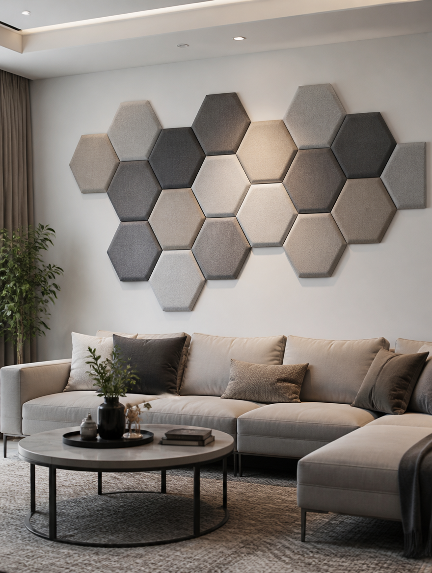WESTMERE HexPad 3D Wall Panels in minimalist living room