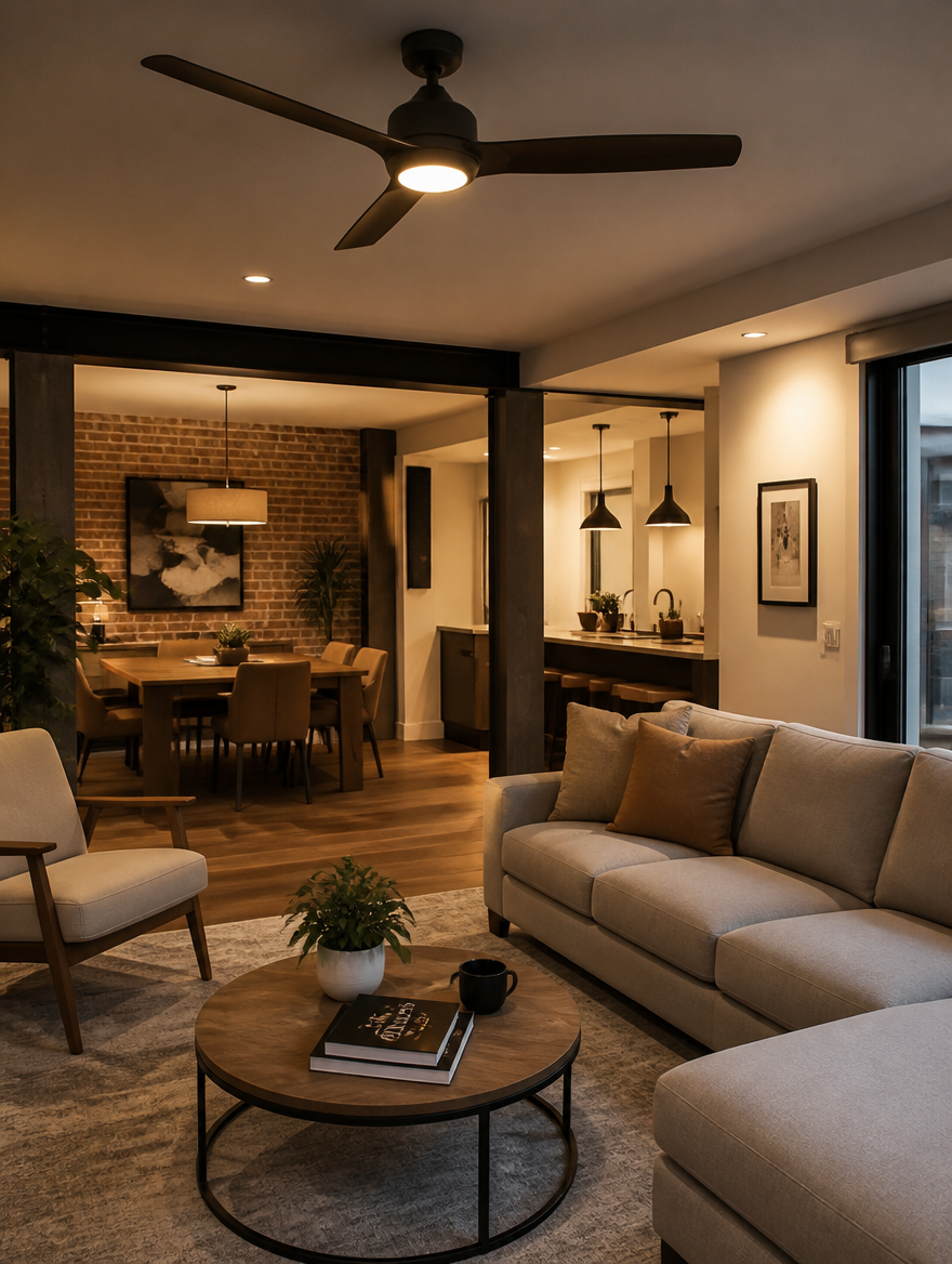 WESTMERE SmartWind Ceiling Fan in open-plan living area