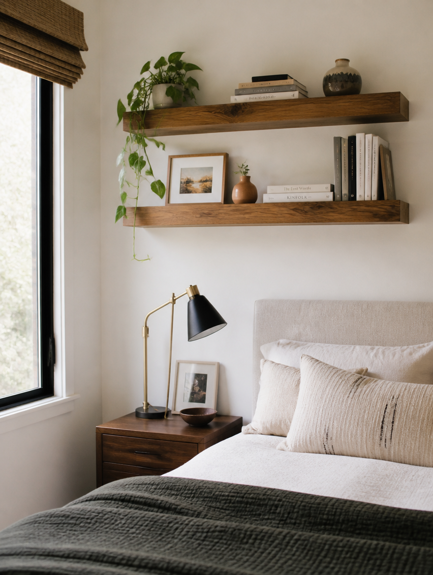 WESTMERE DriftLedge Floating Shelves in bedroom reading nook