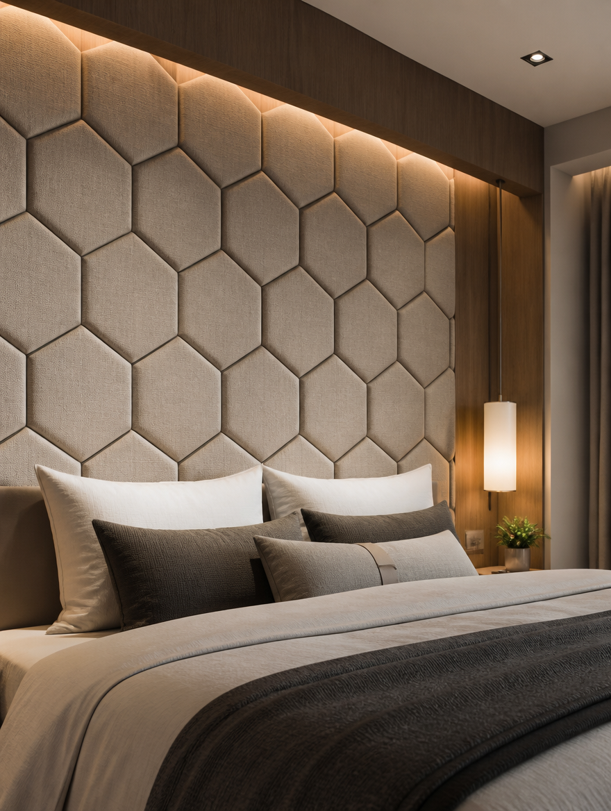 WESTMERE HexPad 3D Wall Panels as bedroom headboard accent