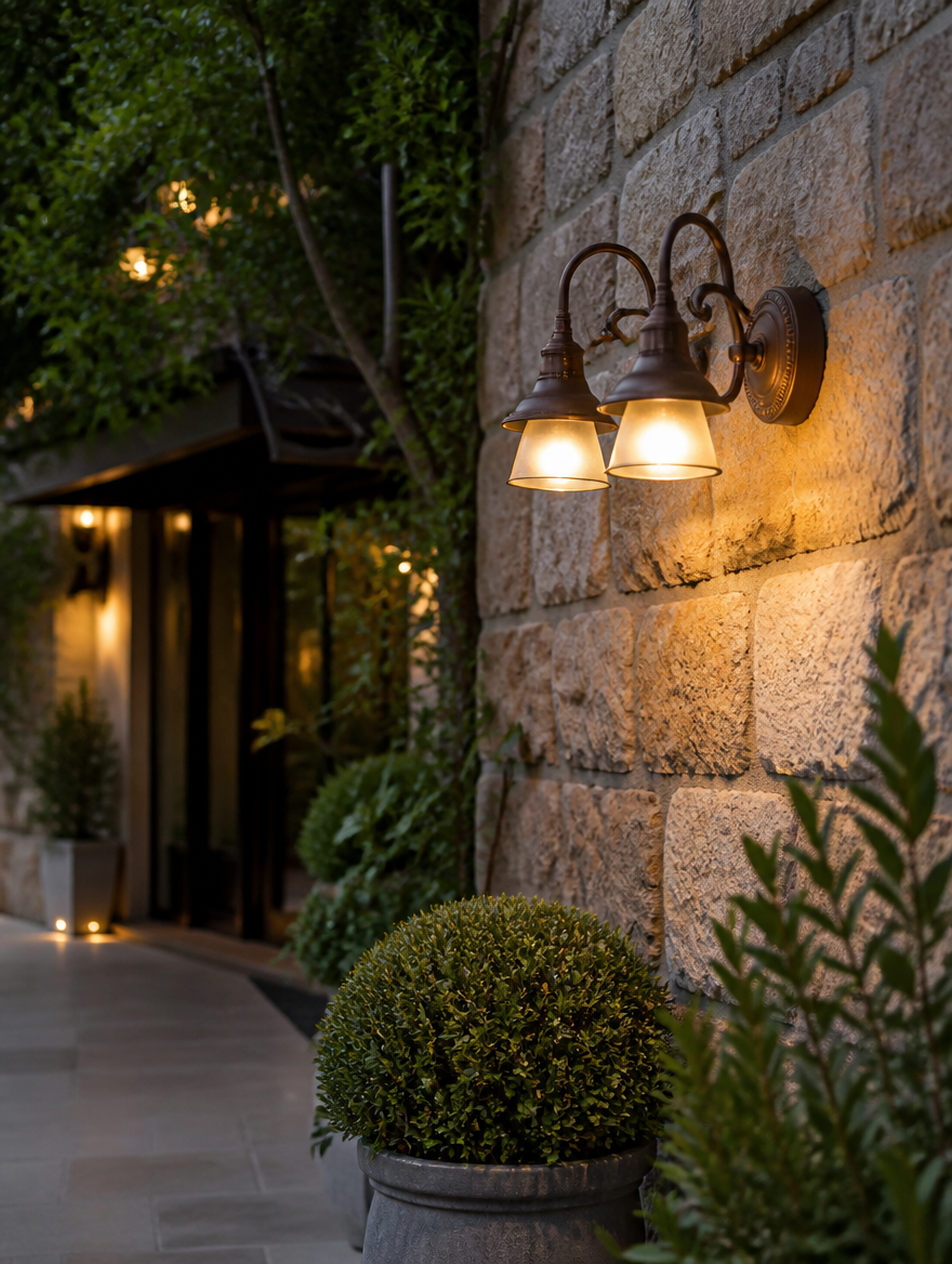 WESTMERE StormGuard Outdoor Wall Light at courtyard entrance