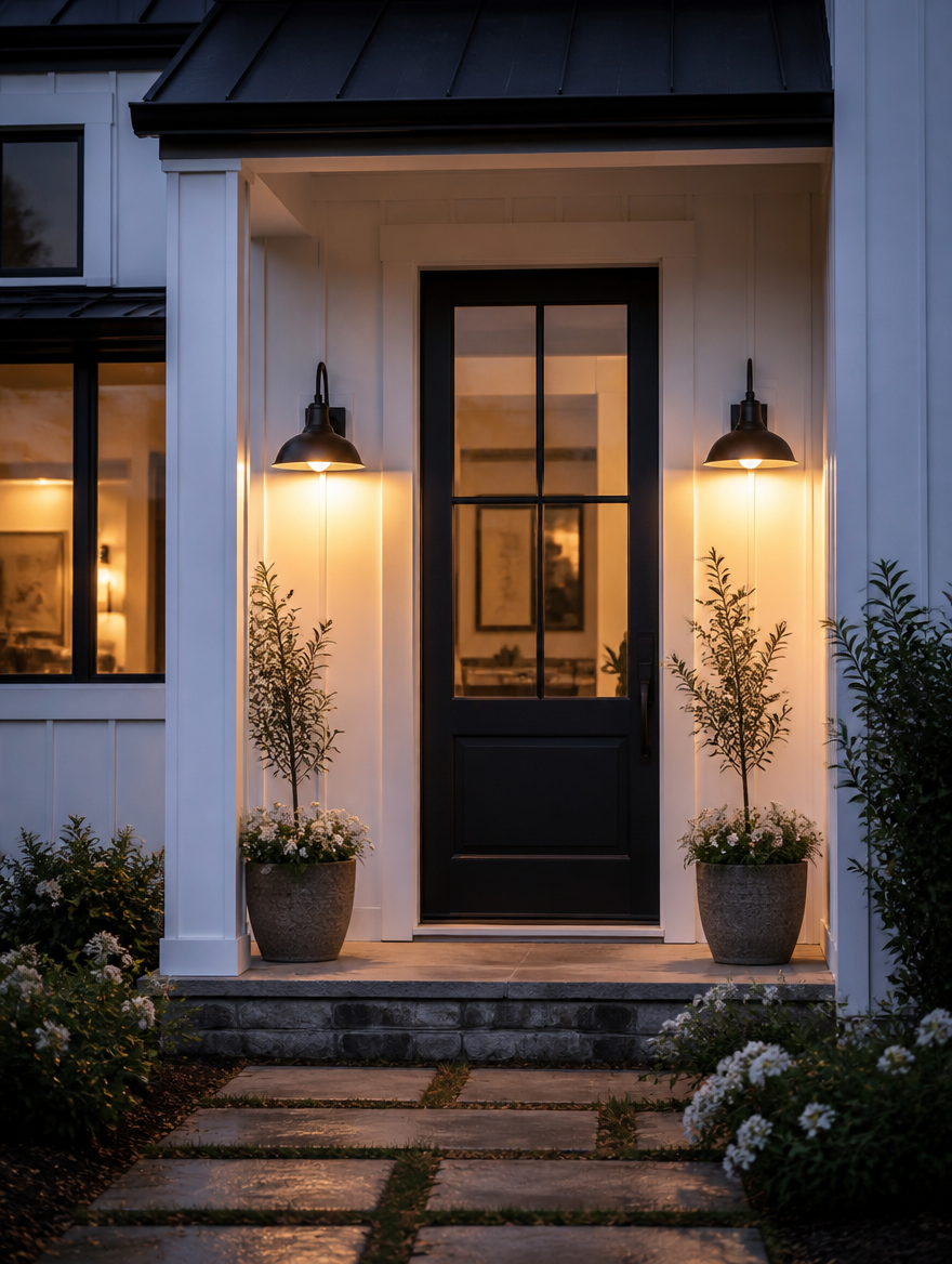 WESTMERE StormGuard Outdoor Wall Light on farmhouse front door