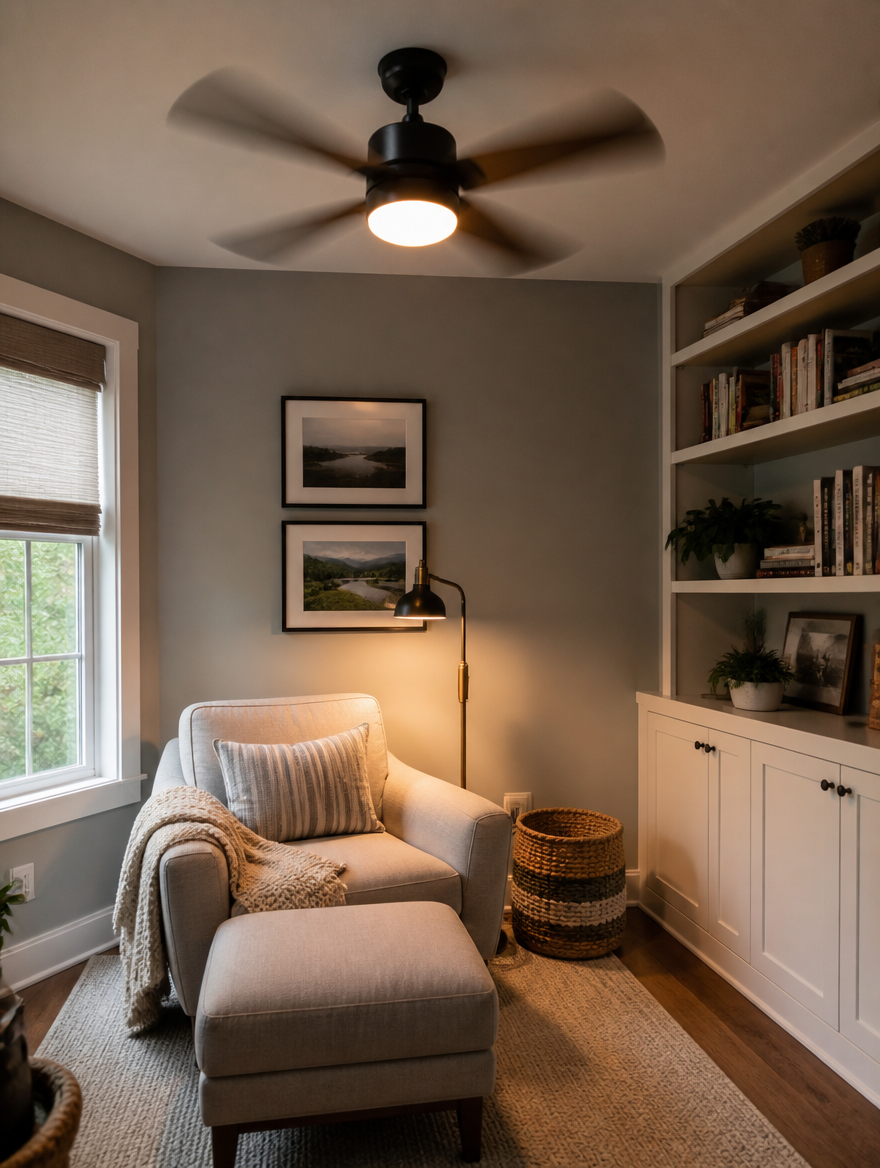 WESTMERE WhisperDC Ceiling Fan in reading nook